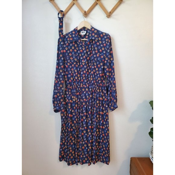 Leslie Fay Dresses & Skirts - Vintage Leslie fay womens navy blue floral 12 belted pleated midi dress
